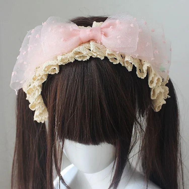 Pink Big Bow Polka-Dot Pattern Lace Trim Beige KC