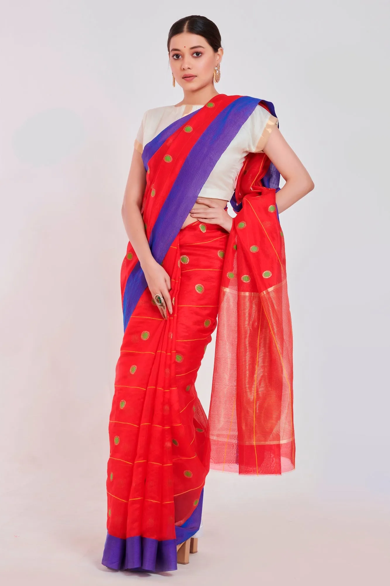 Red polka silk saree