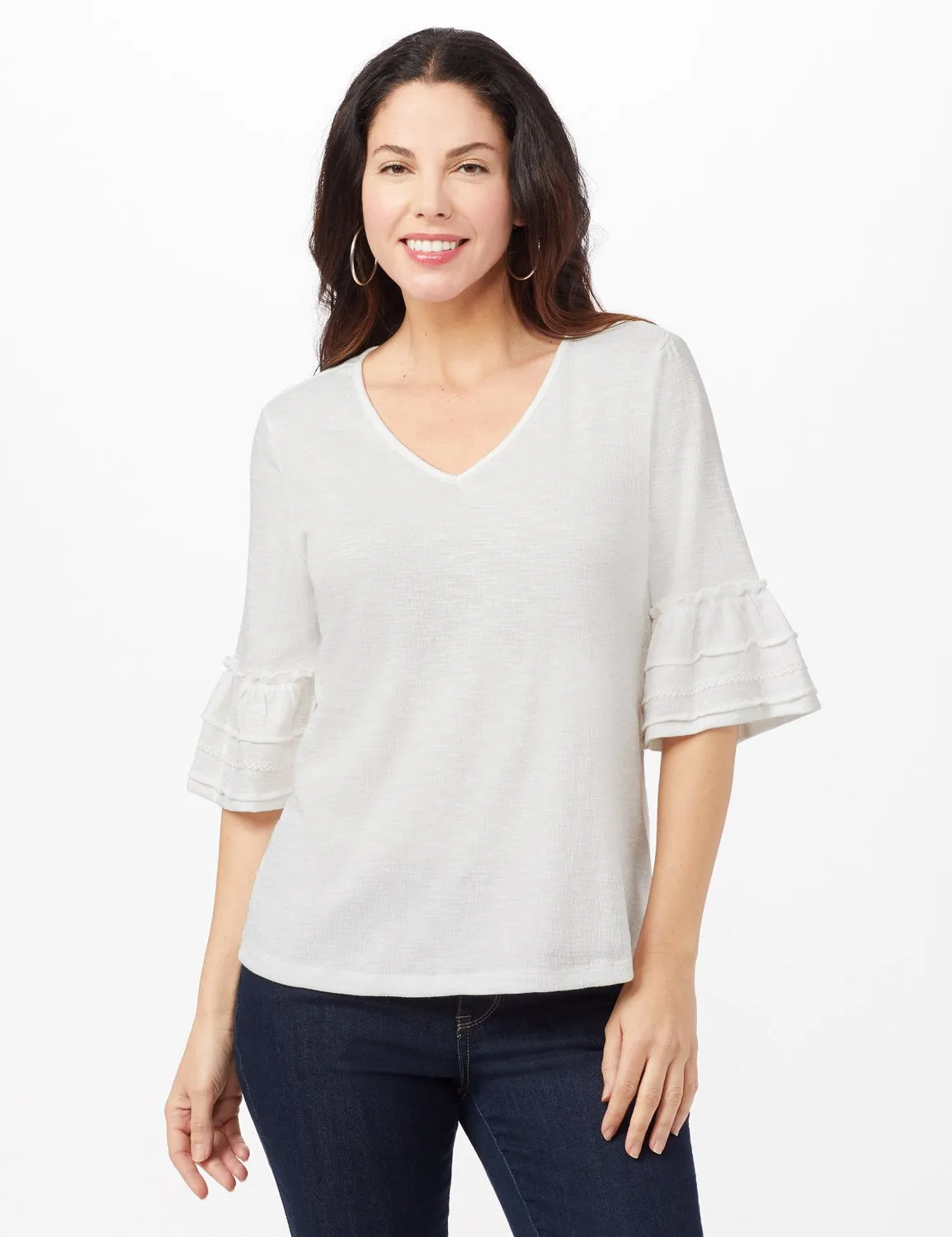 Ruffle Sleeve V-Neck Texture Knit Top