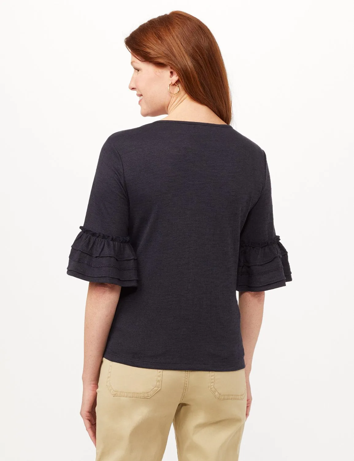 Ruffle Sleeve V-Neck Texture Knit Top