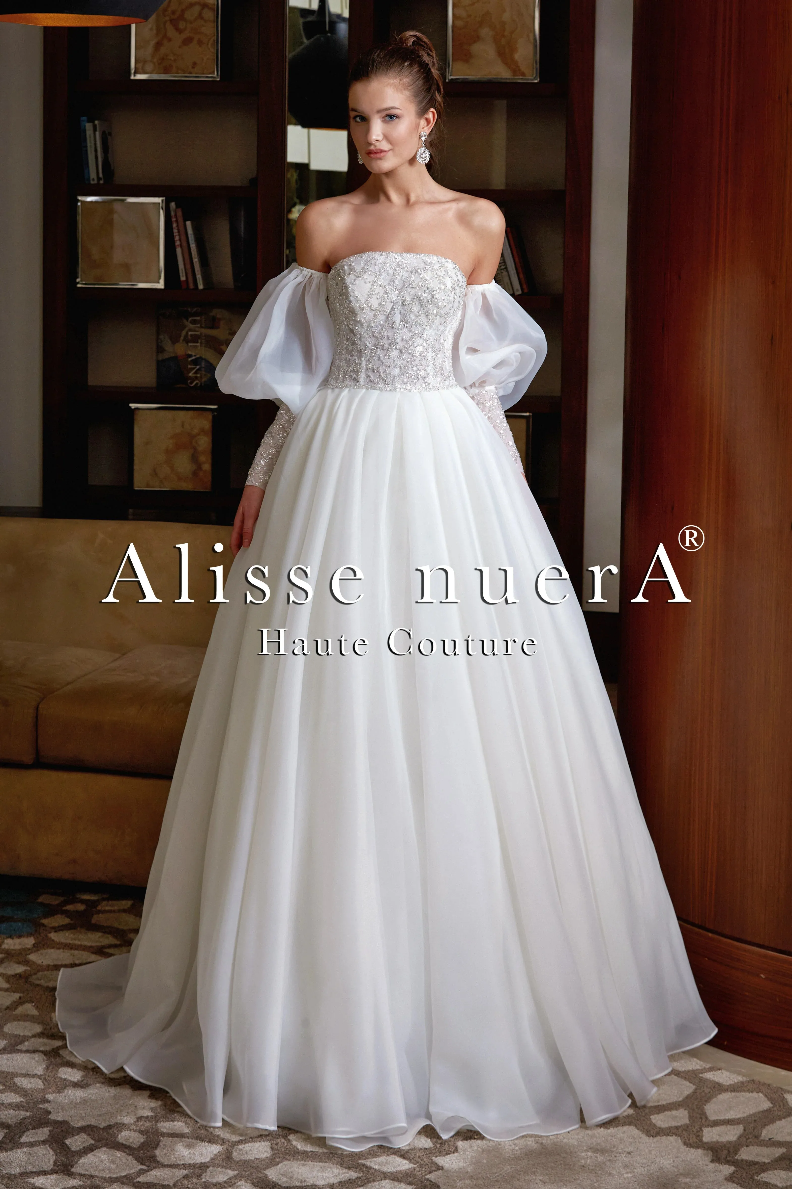 Strapless Collar Balloon Sleeve Empire Waist Wedding Dress