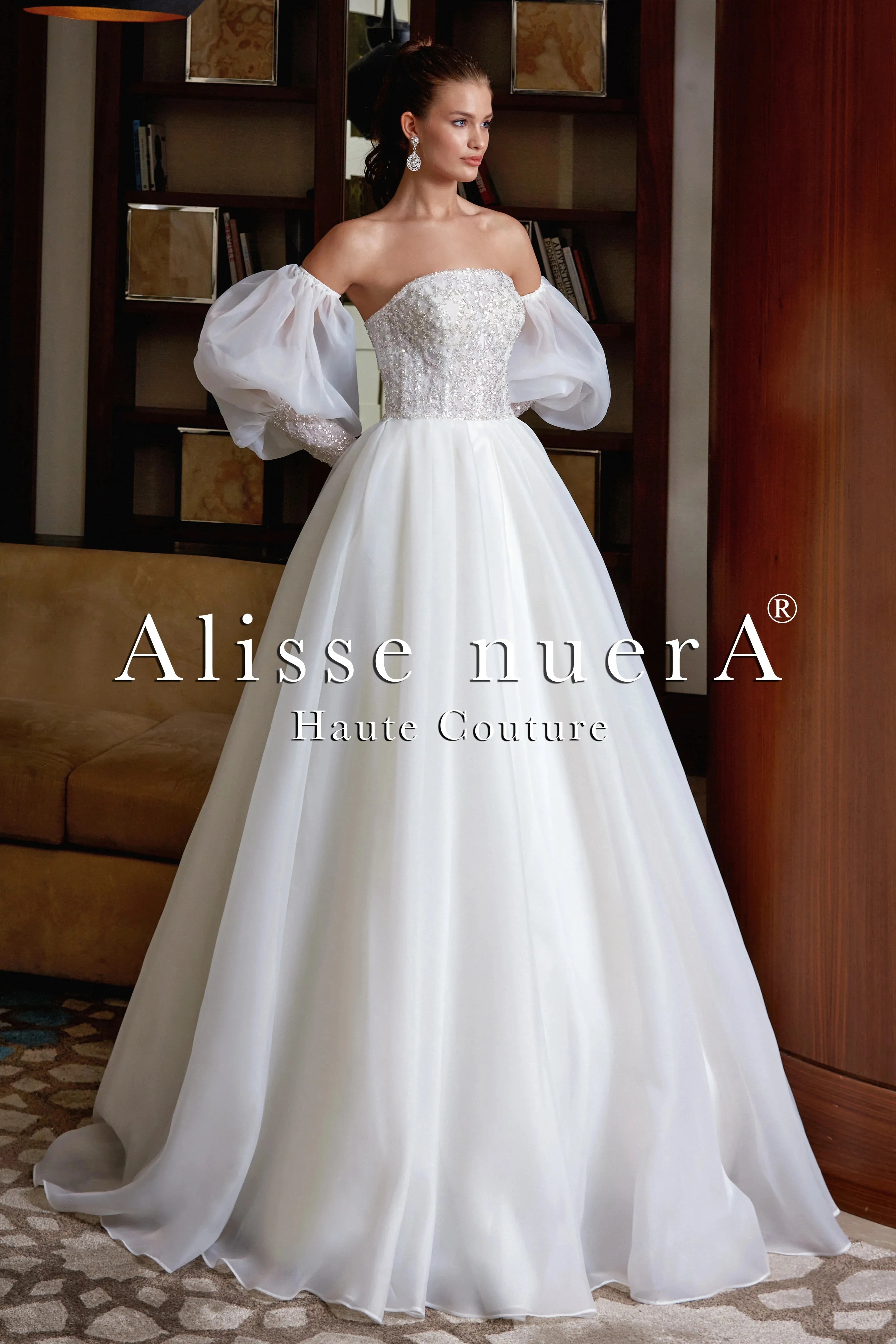 Strapless Collar Balloon Sleeve Empire Waist Wedding Dress