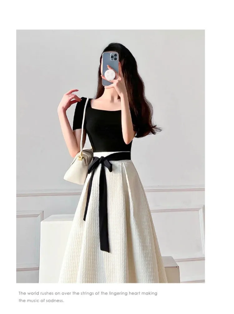 Womens T-shirt Dress Suit High Waist Elegant Fashion Pleated Skirts