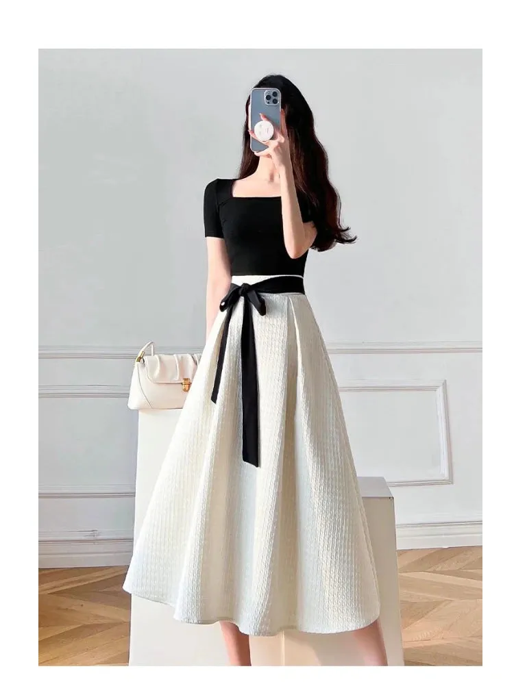 Womens T-shirt Dress Suit High Waist Elegant Fashion Pleated Skirts