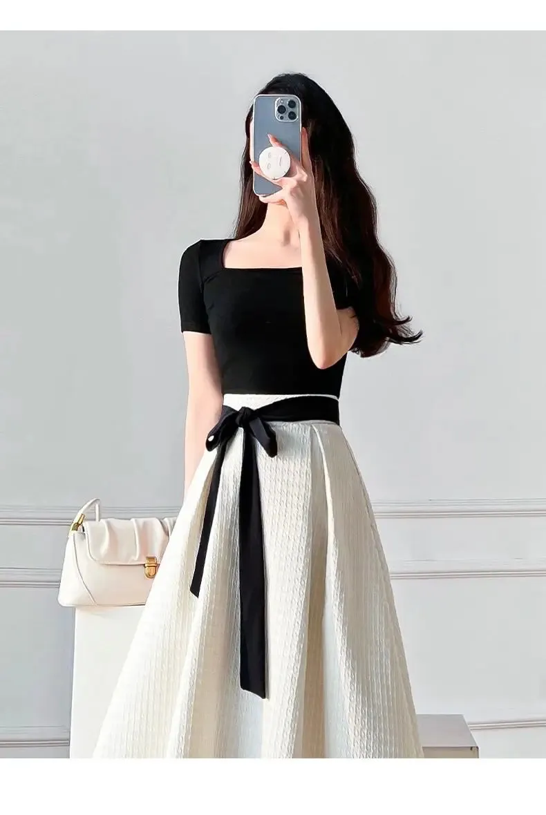 Womens T-shirt Dress Suit High Waist Elegant Fashion Pleated Skirts