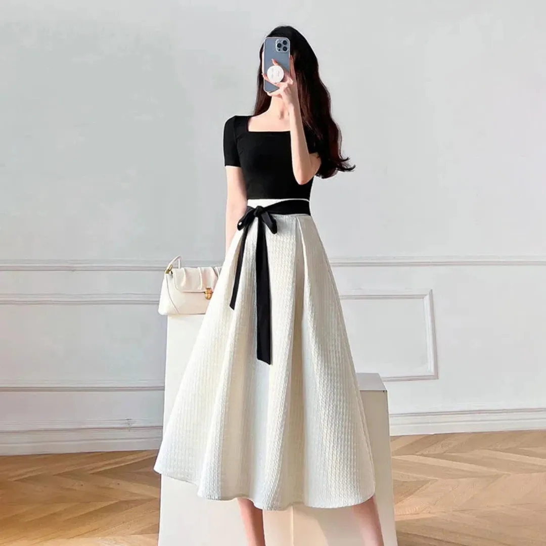 Womens T-shirt Dress Suit High Waist Elegant Fashion Pleated Skirts