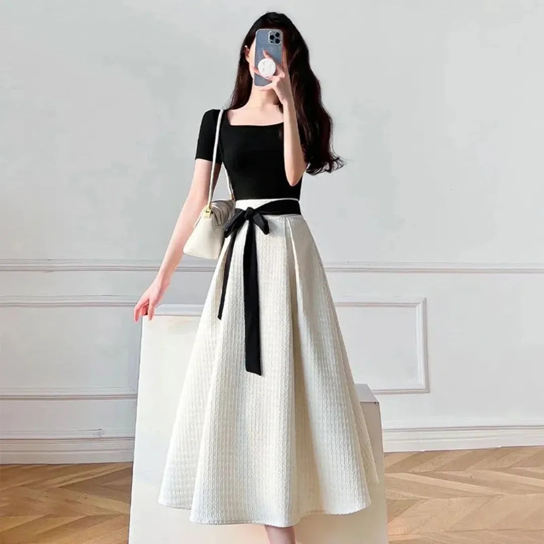 Womens T-shirt Dress Suit High Waist Elegant Fashion Pleated Skirts