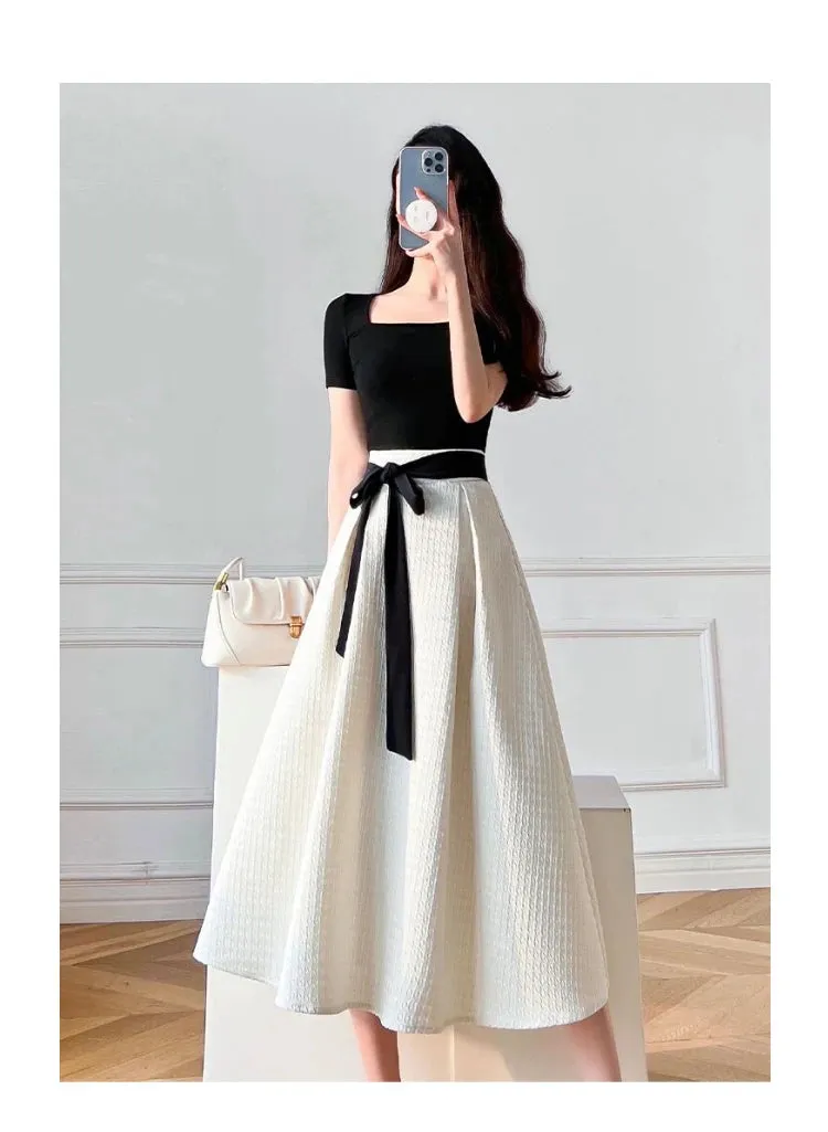 Womens T-shirt Dress Suit High Waist Elegant Fashion Pleated Skirts
