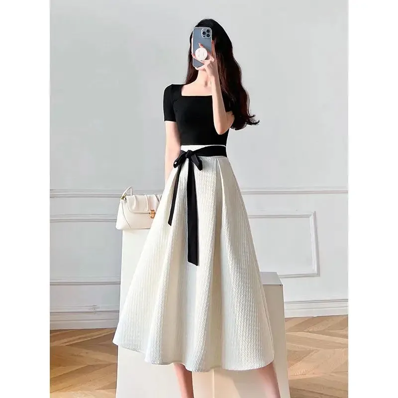 Womens T-shirt Dress Suit High Waist Elegant Fashion Pleated Skirts