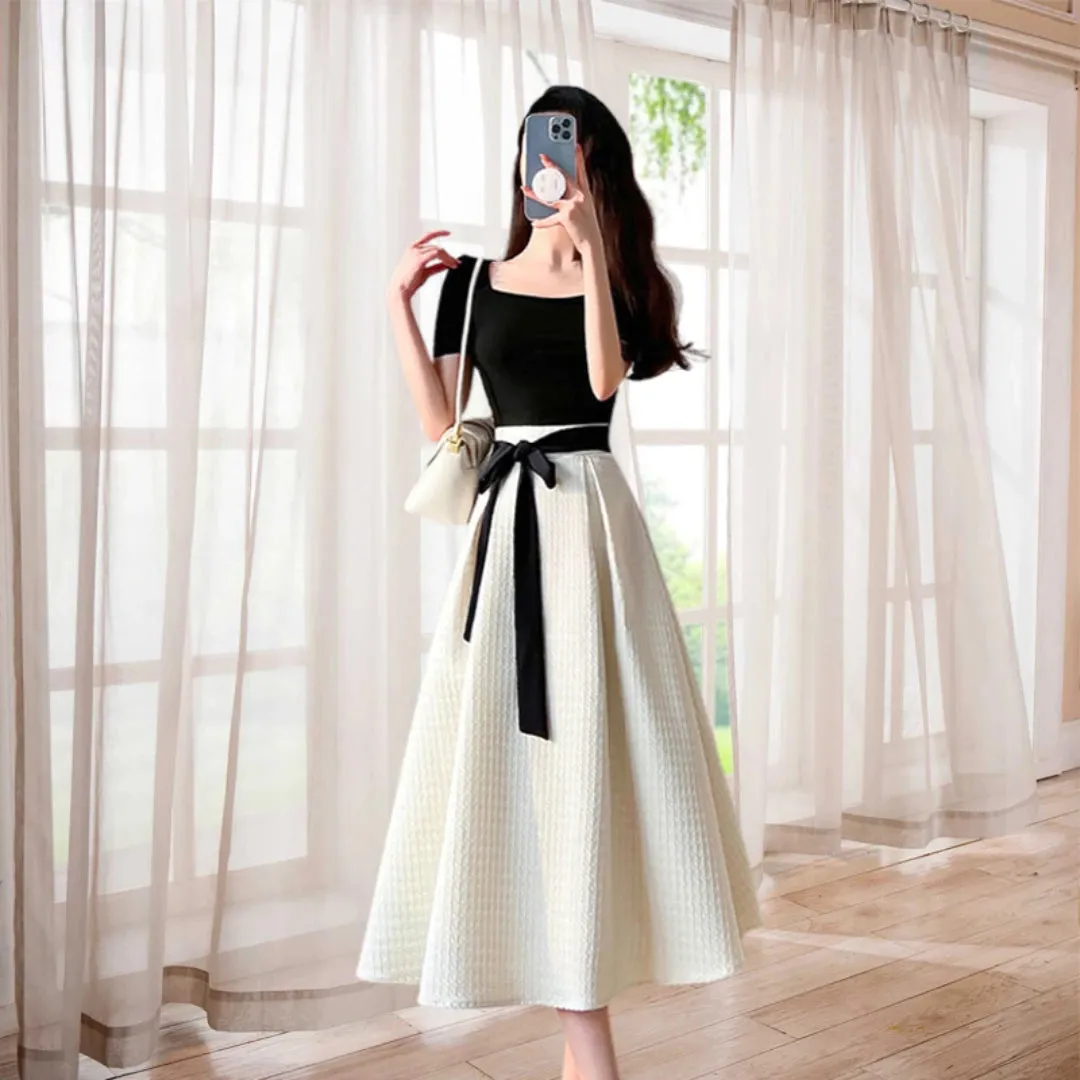 Womens T-shirt Dress Suit High Waist Elegant Fashion Pleated Skirts