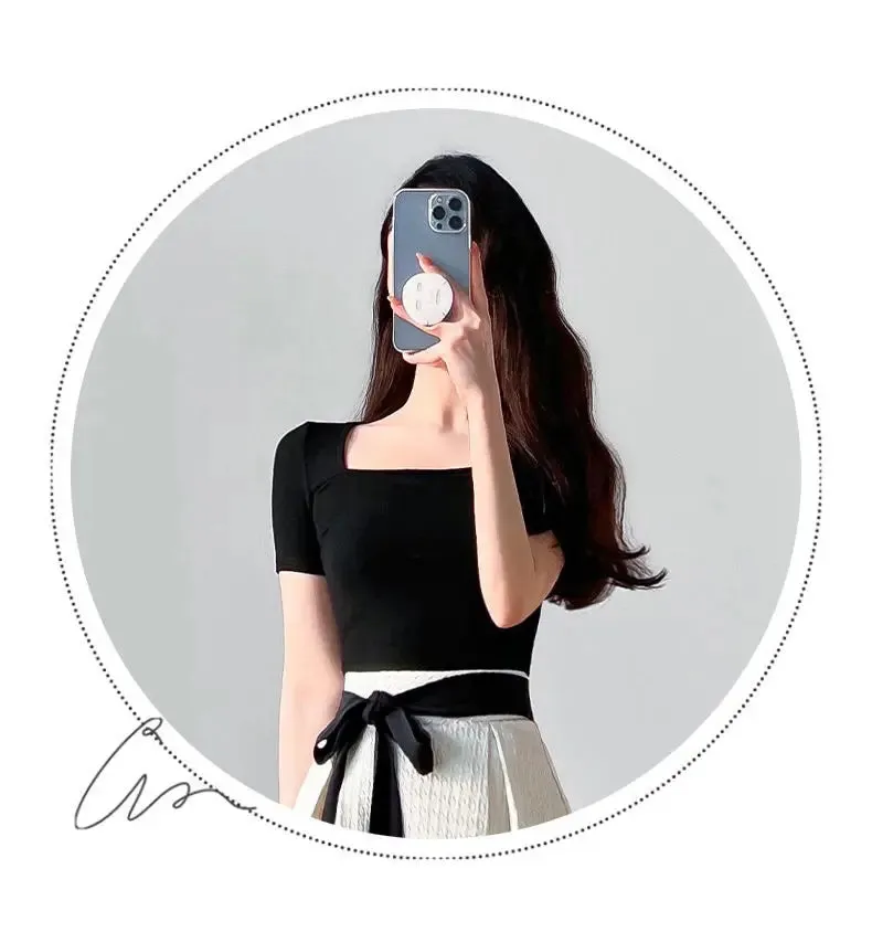 Womens T-shirt Dress Suit High Waist Elegant Fashion Pleated Skirts