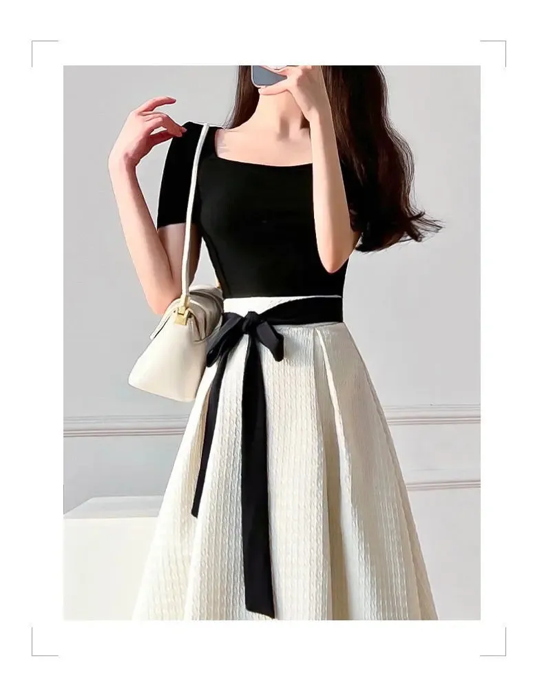 Womens T-shirt Dress Suit High Waist Elegant Fashion Pleated Skirts
