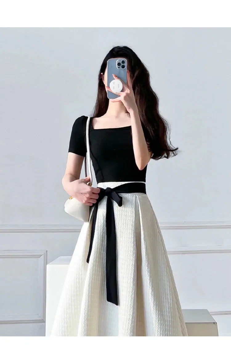 Womens T-shirt Dress Suit High Waist Elegant Fashion Pleated Skirts